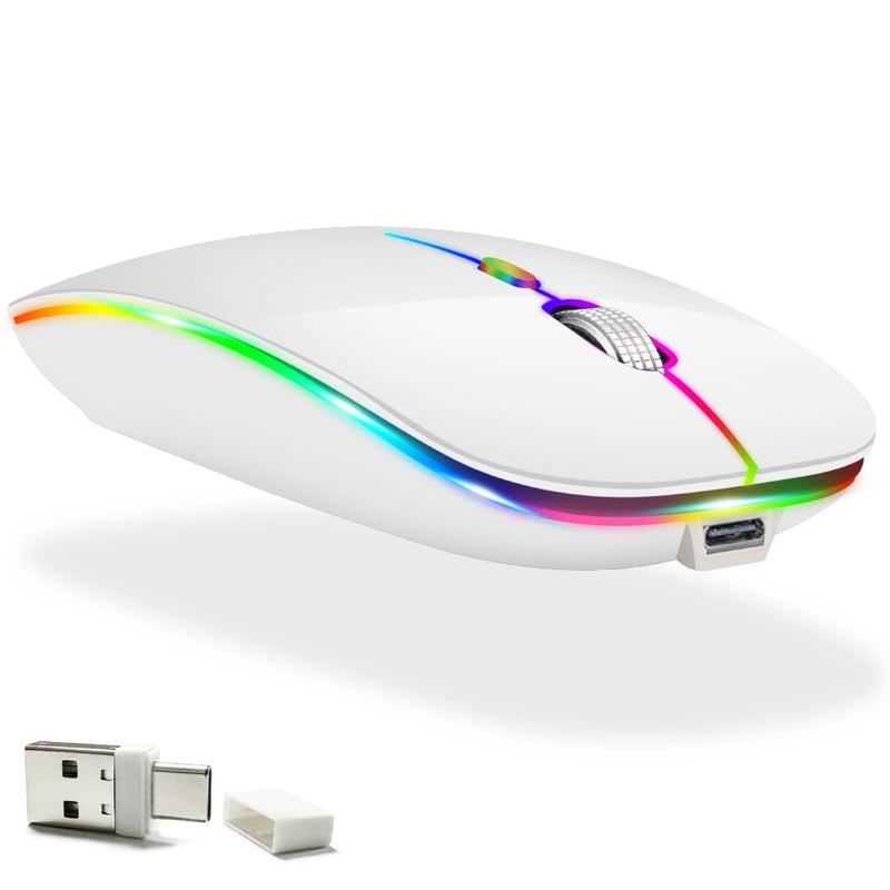 KLO LED Rechargeable Mouse(BT5.2+Type-C+USB2.4G) Bluetooth Mouse for MacBook/MacBook air/Pro/iPad/Laptop/Notebook/pc/Chromebook (LED/White) - Image 1